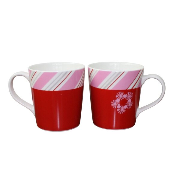 Starbucks Holiday 2007 Ceramic Mugs Red & Pink Candy Cane Stripe Design Set Of 2 - Picture 5 of 6